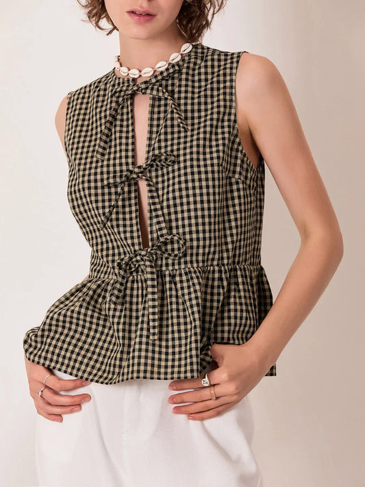 Genaro Gingham Bow-Tie Peplum Top