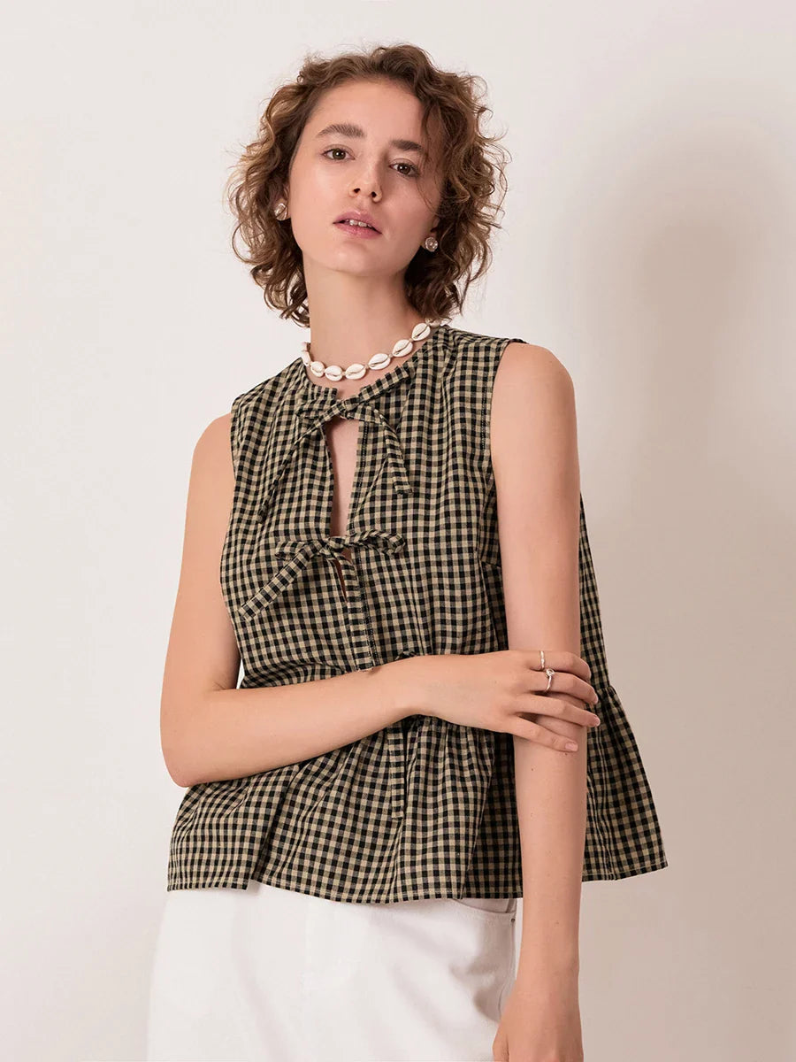 Genaro Gingham Bow-Tie Peplum Top