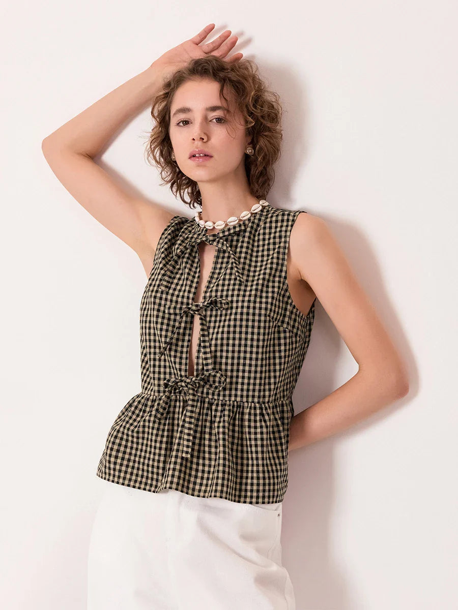 Genaro Gingham Bow-Tie Peplum Top