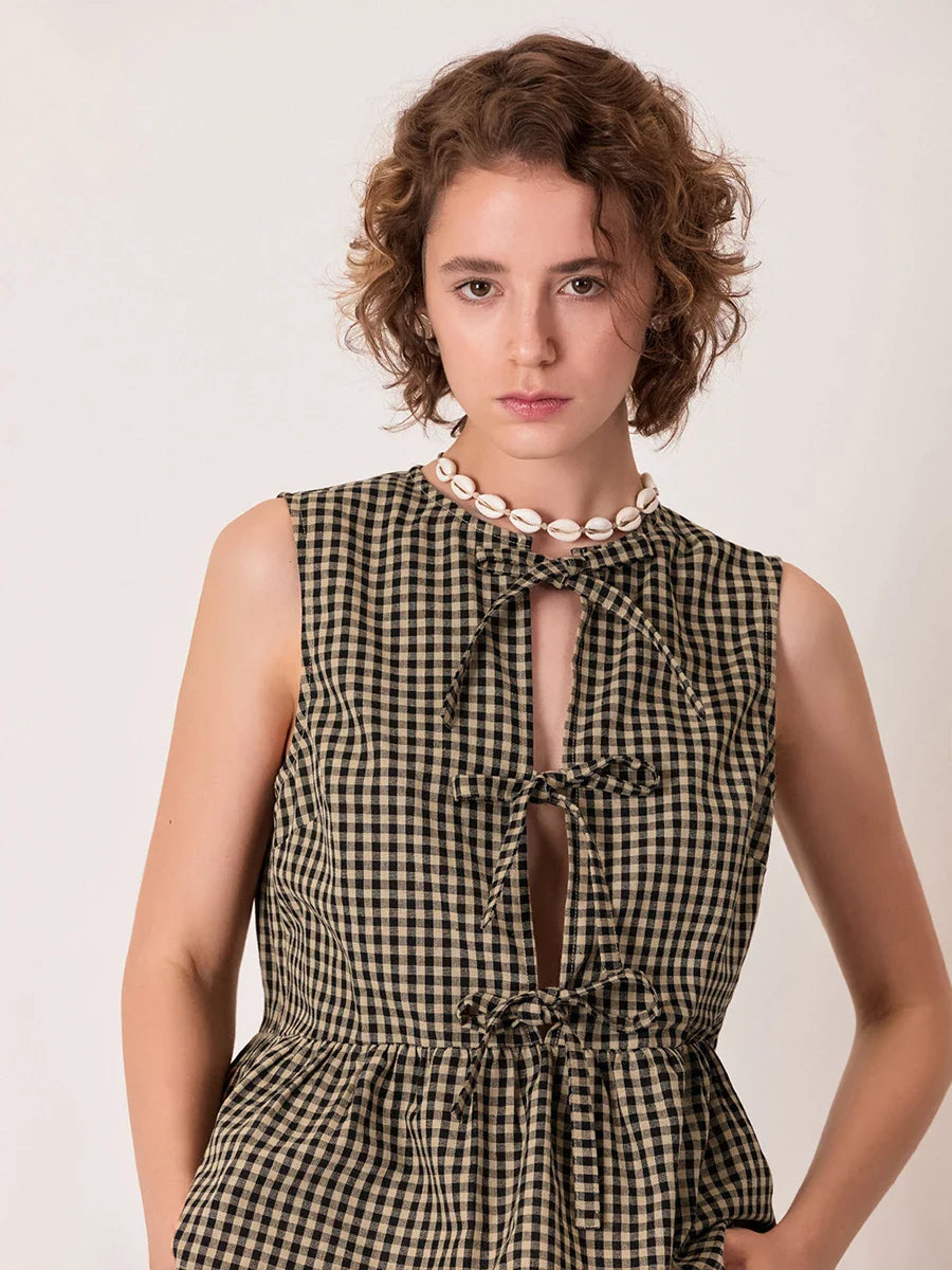 Genaro Gingham Bow-Tie Peplum Top