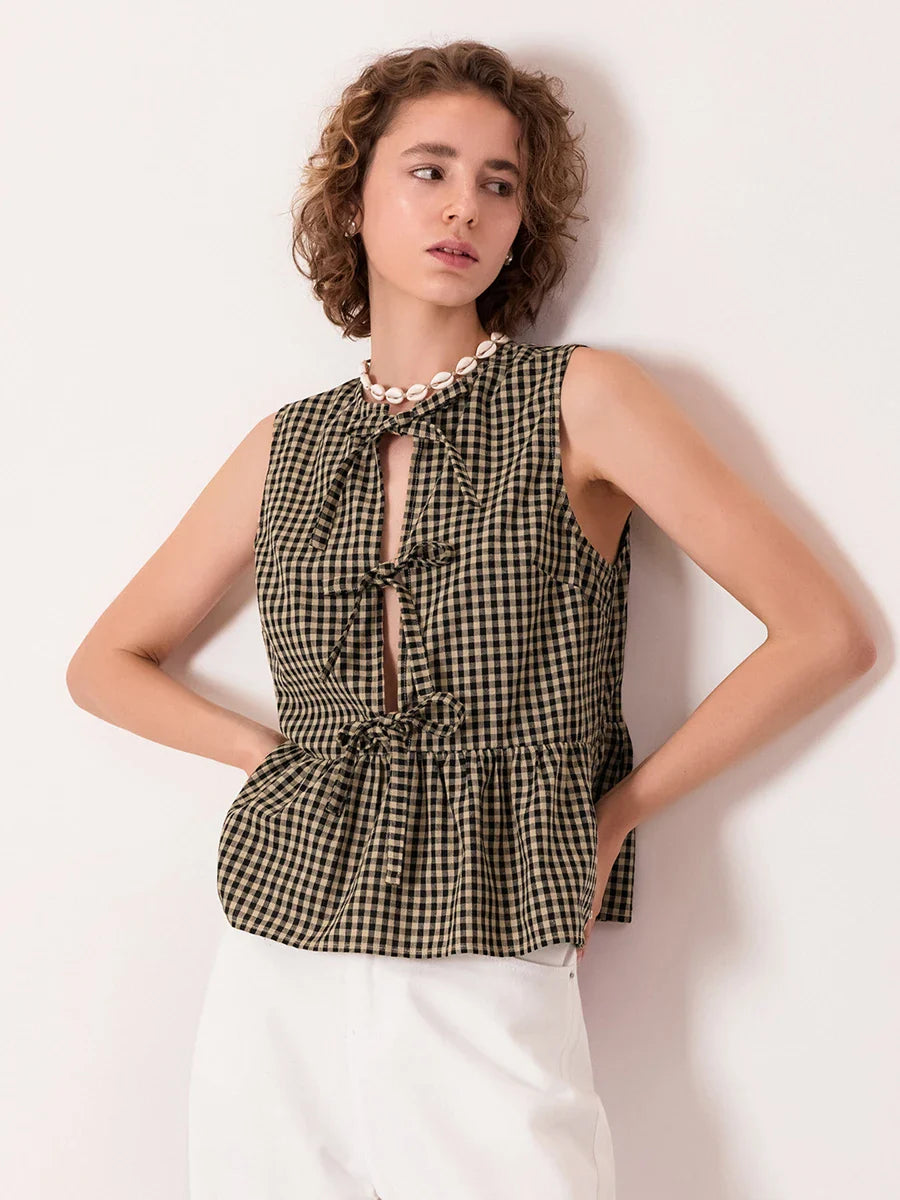 Genaro Gingham Bow-Tie Peplum Top