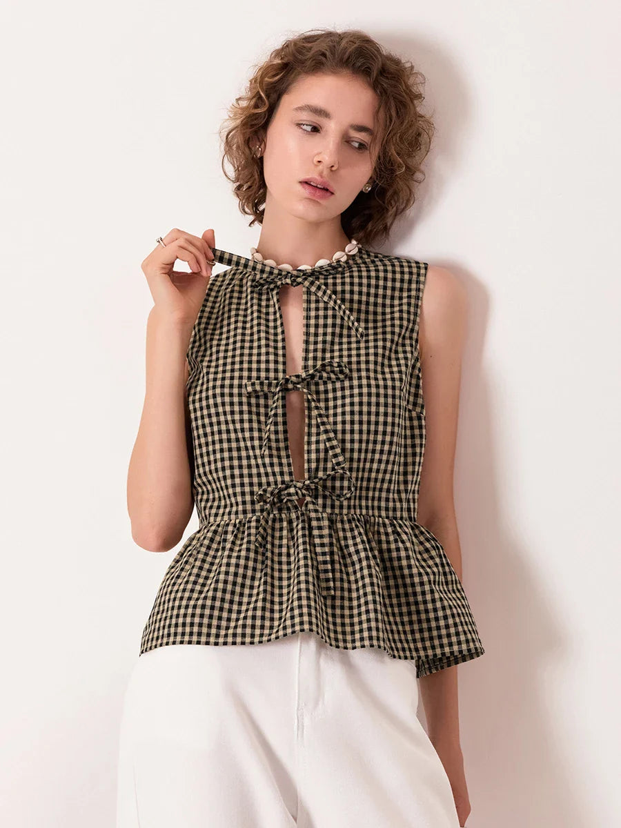 Genaro Gingham Bow-Tie Peplum Top