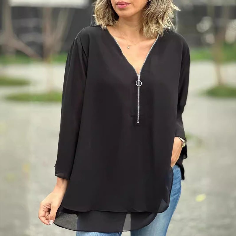 Melanie Chiffon Zipper Neckline Top